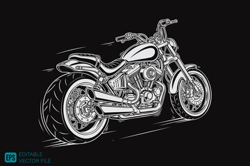Classic Cruiser Motorcycle in Dynamic Sketch Style on Black Back