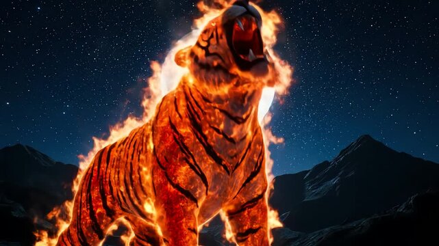 Fiery tiger silhouette under a glowing moon in a starry night sky