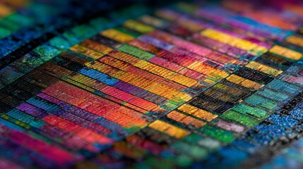 Fototapeta premium Close - up shot of a colorful semiconductor chip or integrated circuit with vibrant, multicolored patterns and intricate circuitry.