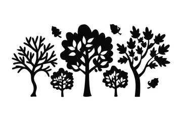 Silhouette Forest: A striking monochrome depiction of a forest, showcasing trees in various forms, complete with falling leaves and branches, creating a minimalist yet captivating scene.