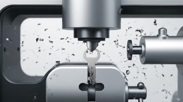 Key Cutting Machine Creating a Duplicate Key Close Up.