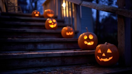 Fototapeta premium Jack o'lanterns glowing on steps creating a spooky halloween atmosphere