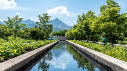 Fototapeta premium A factory with a focus on its water recycling plant, emphasizing environmental responsibility. Product photography with high resolution, advertising style