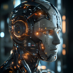 Cyborg Head with Futuristic Design, Futuristic Cyborg Head with High-Tech Design, Realistic 3D Rendering of a Cyborg's Face, Cyborg Design in a High-Tech, Futuristic Style, 3D Cyborg Head with Advance