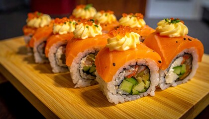 Salmon sushi rolls on a wooden board, topped with creamy sauce and tobiko