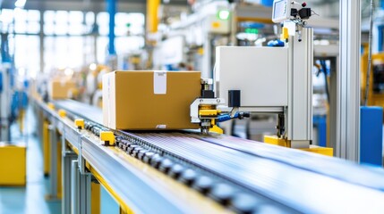 Naklejka premium A factory with a focus on its production line, featuring automated machinery and conveyor belts. Product photography with high resolution, advertising style