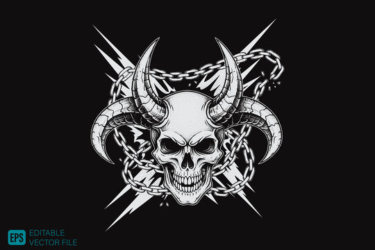 Demonic Skull with Horns and Chains Vector Illustration.