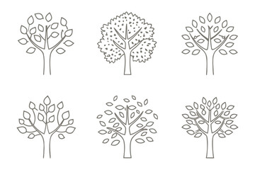Tree Variety: Six stylized tree illustrations showcasing a diverse range of tree types, each with its unique foliage, branching structure, and overall silhouette.