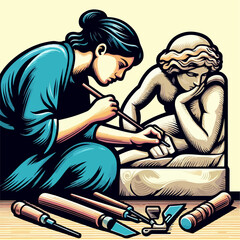 Illustration of a woman carving a statue
