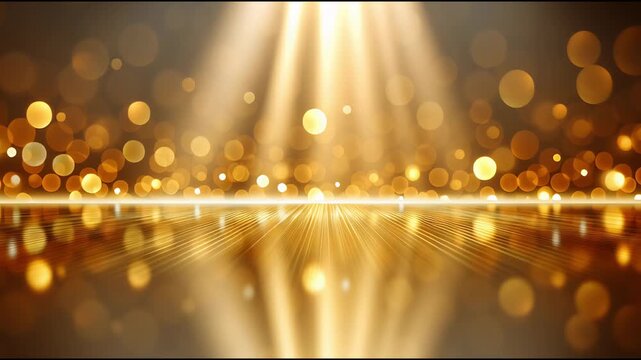Golden light bokeh abstract background stage with glowing rays
