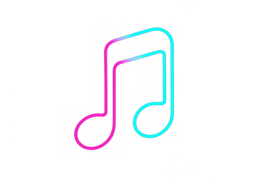 Music note neon gradient icon representing sound, melody, audio, and entertainment on transparent background