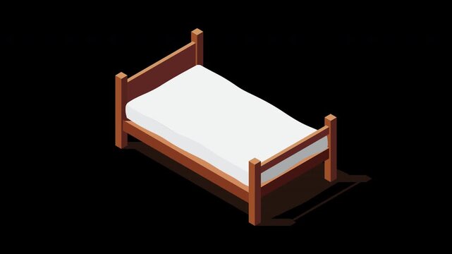 Isometric wooden bed with mattress animation. 3D isometric bed. Wooden bed frame with mattress. Isometric bedroom furniture. Isometric furniture. Transparent background with alpha channel