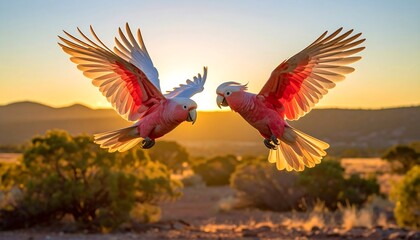 Two colorful parrots with pink and white plumage take flight at sunset