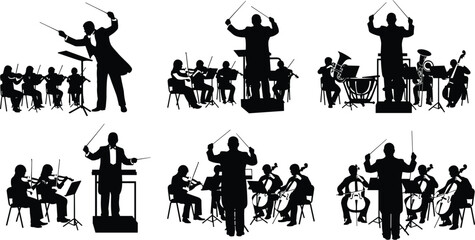 Orchestra conductor silhouette set, classical music performance vector illustration, man with baton leading symphony, concert and melody art. © Arman Creatives