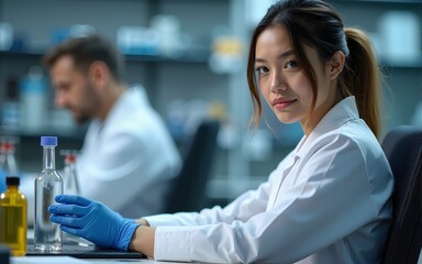Image of a young woman scientist at her engineering lab desk facing the camera with space for text. High quality