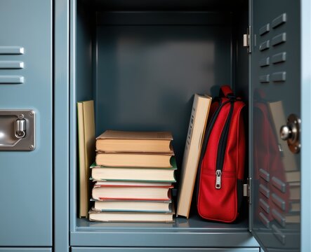 A school locker filled with books and a red backpack.