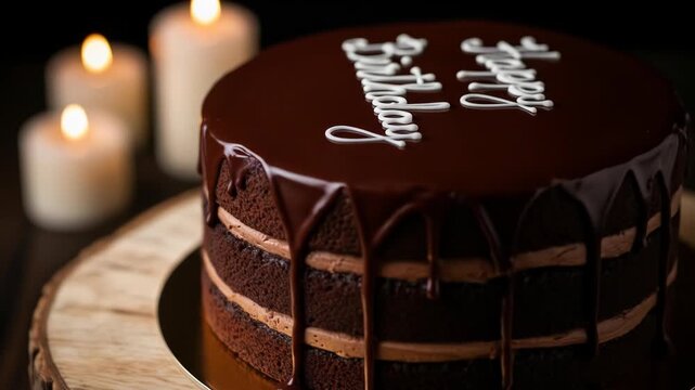 Chocolate cake with candles. "Happy Birthday" text on top. Yummy dessert