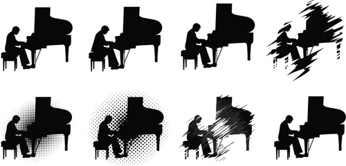 Grand piano player musician silhouette and line art set, classical music performance vector, elegant concert artist, melody and keyboard.