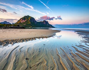 Sandy beach meets calm water at dawn