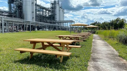 A factory with a focus on its outdoor break area, featuring picnic tables and shade structures. Product photography with high resolution, advertising style