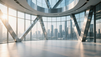 An interior space with a glass curtain wall and steel structure that offers a view of the city skyline