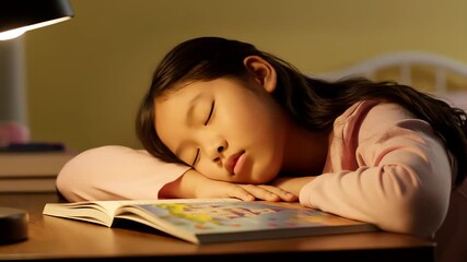 Young person sleeping on book in warmly lit environment - Powered by Adobe