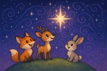 Naklejka premium Cute animals gazing at a bright star in the night sky 