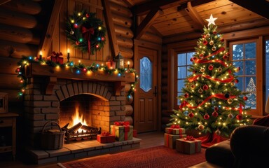 Cozy holiday scene with a fireplace and decorated Christmas tree.