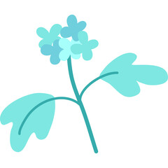 Illustration of a delicate blue flower with green leaves and stem on a transparent background rendered in a simple flat design style