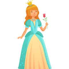 Illustration Of A Fairytale Princess With Blond Hair Wearing A Blue And Yellow Gown Holding A Red Rose On A Transparent Background