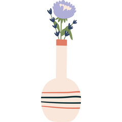 Illustration of a light pink vase with blue and orange stripes holding lavender and a light purple peony flower with a transparent background