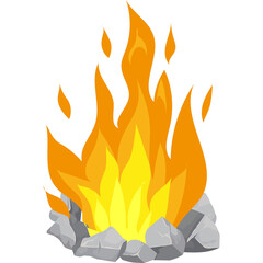 Illustration Of A Campfire With Glowing Embers And Flames Burning Brightly On Rocks With A Transparent Background And Vibrant Orange Yellow Hues