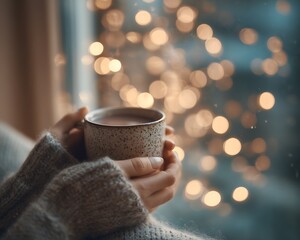 Cozy Moments with Warm Drink Surrounded by Soft Bokeh Lights