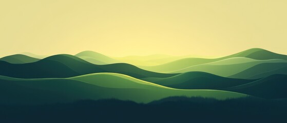 Obraz premium Abstract Illustration of Rolling Green Hills Under a Yellow Sky