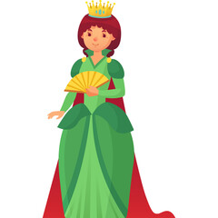 Illustration Of A Cartoon Queen Holding A Fan Wearing A Green Dress Red Cape And Golden Crown With Dark Red Hair And White Skin
