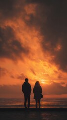 Couple Silhouetted Against Dramatic Sunset Over Calm Ocean Water