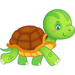 Cute cartoon green turtle with brown shell walking on transparent background with happy expression and rosy cheeks