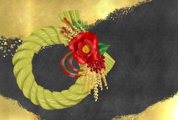 椿の美しいしめ縄飾りと金箔と黒い和紙の高級感のある年賀状背景素材