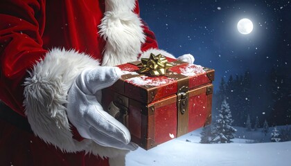 Santa holds a gift box at night