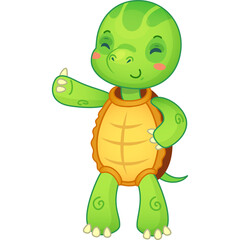 Cute cartoon green turtle with orange shell showing thumbs up and a happy expression with closed eyes and rosy cheeks on a transparent white background with soft green and yellow colors