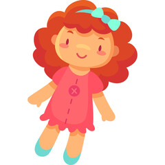 Cute cartoon illustration of a smiling girl doll with curly red hair wearing a pink dress and turquoise shoes and headband on a transparent background