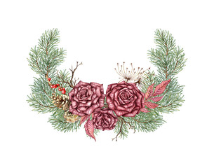 Burgundy roses, with pine branches, dry branches, dried flowers, cones and red berries watercolor illustration. Winter composition for Christmas and New Year decor. Bouquet isolated from background