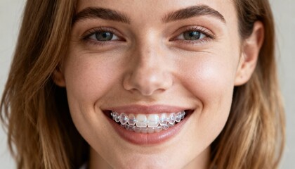 Fototapeta premium Closeup of a young woman with clear dental braces smiling brightly