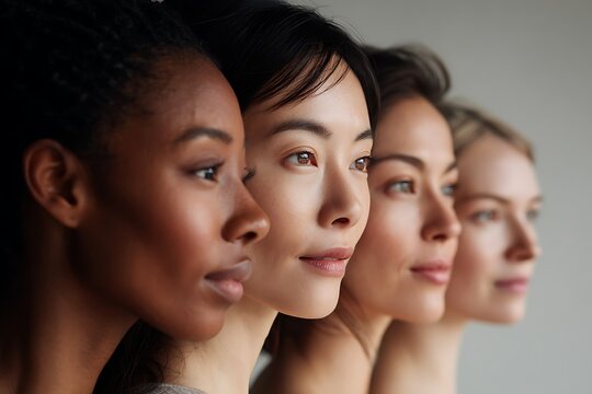 diverse women group (Asian, Black, Latin, White), showing dry skin face, natural expression