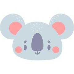 Cute Cartoon Koala Face with Pink Cheeks and Gray Fur Gentle Eyes and Small Smile Adorable Animal Illustration on Transparent Background
