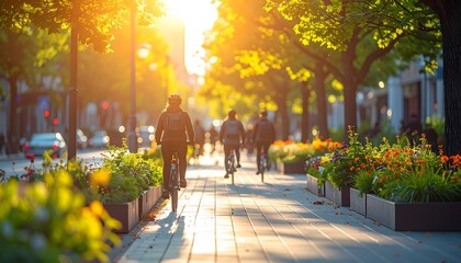Golden Hour Cycling: Urban Path with Flowerbeds and Sunlight