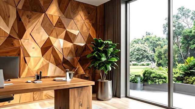 Modern office with geometric wood wall, sleek desk, and large window overlooking a lush green garden