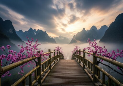 Wooden Bridge Over River with Cherry Blossoms