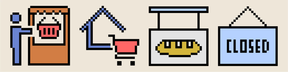 Set pixel shopping icon vector. Ideal for e-commerce, retail, and online store themes. This digital graphic set is perfect for game, retro game, or 8 bit design projects and assets related to commerce