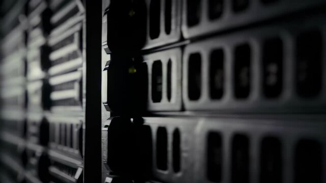 Video of close up of a server rack with multiple hard drives
